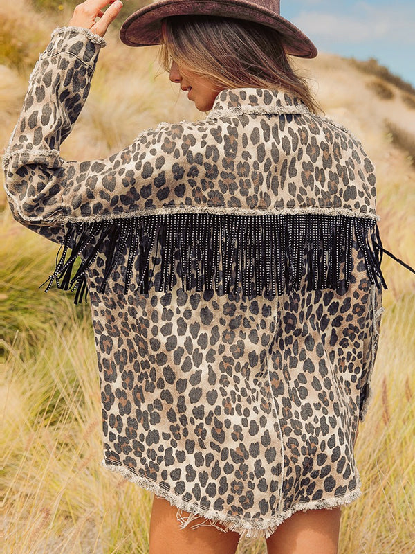 Women's Western Off Duty Leopard Fringe Denim Jacket