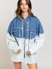 Distressed Frayed Detail Tie-Dye Button-Up Shacket