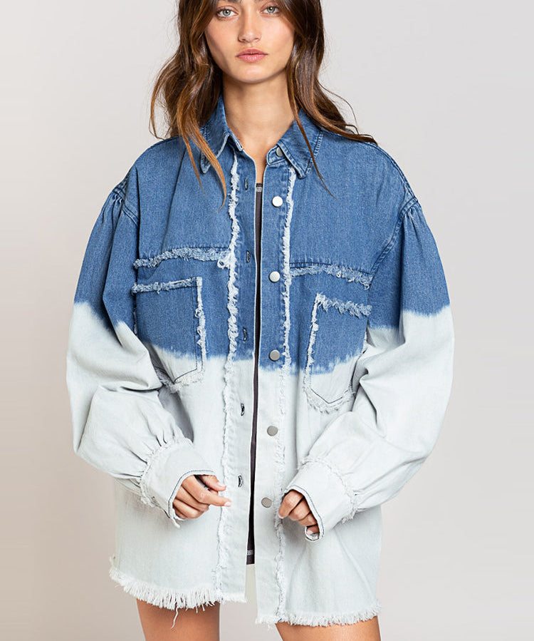 Distressed Frayed Detail Tie-Dye Button-Up Shacket
