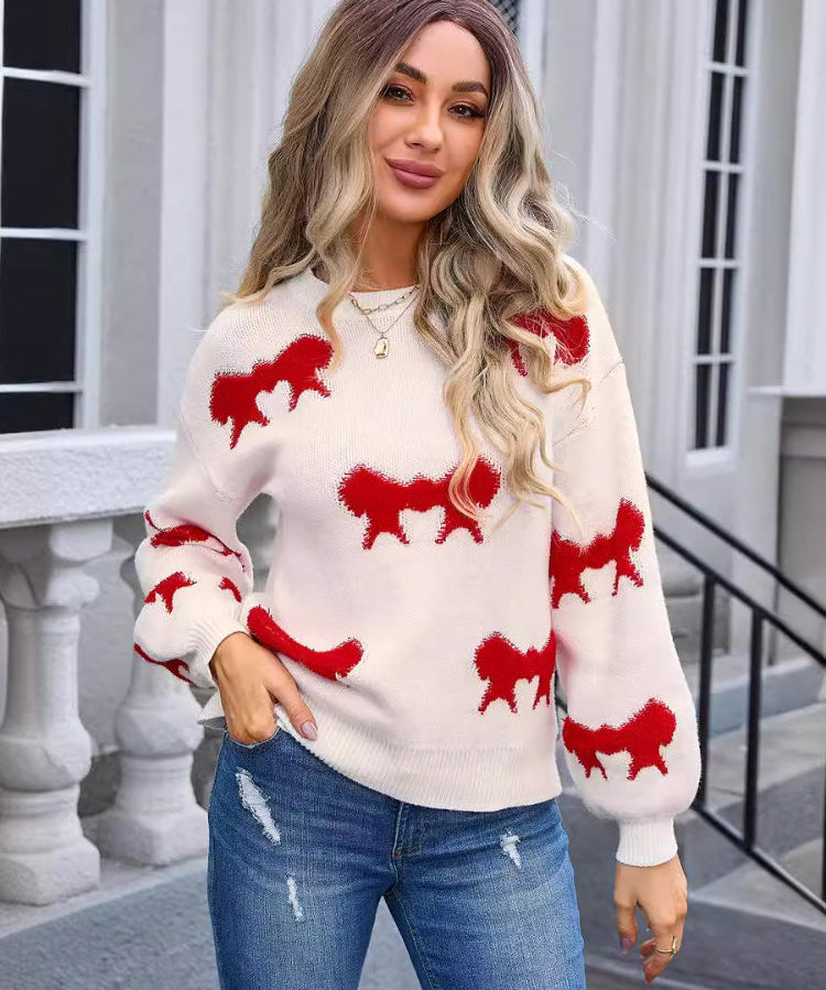 Women's Bow Graphic Round Neck Sweater