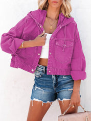 Distressed Hooded Washed Crop Denim Jacket
