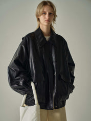 Women's Oversized Zip Up Streetwear Faux Leather Jacket