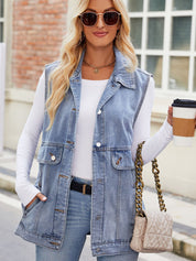Women's Drawstring Sleeveless Hooded Denim Vest