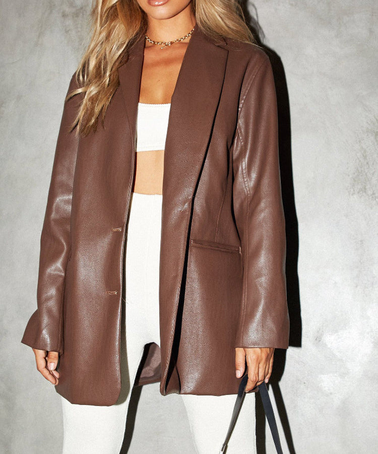 Women's Loose Faux Leather Bomber Jacket