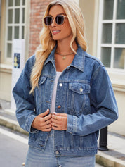 Women's Classic Slim Fit Button Up Denim Jacket with Pearl