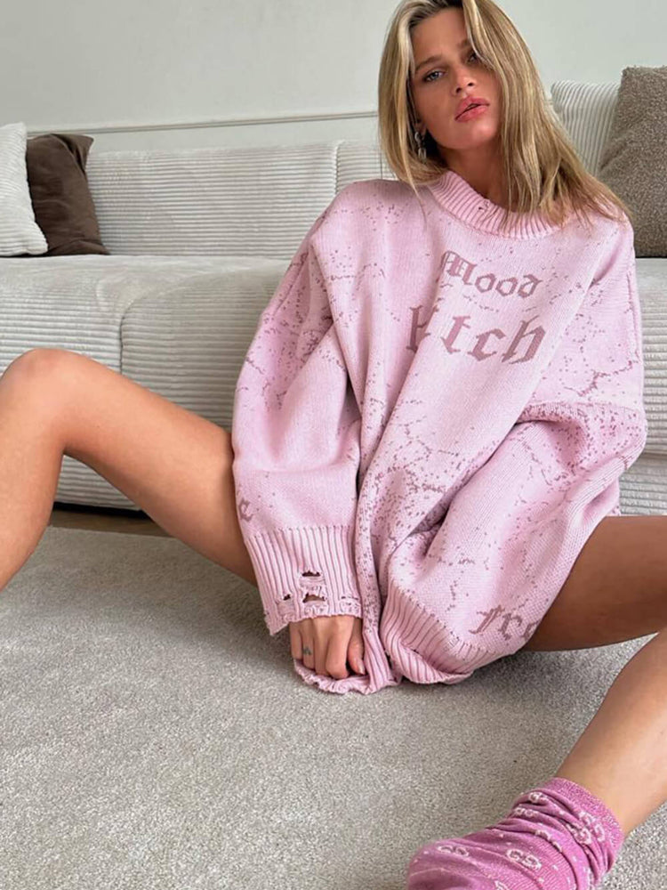 Women's Distressed Abstract  Mood Letter Printed Pullover Sweater