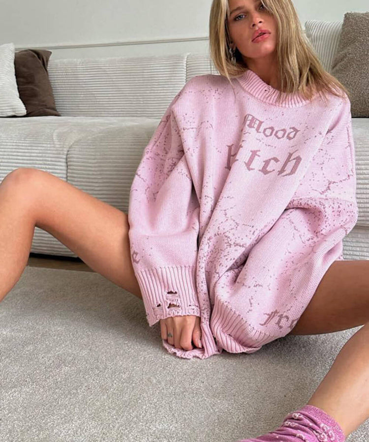 Women's Distressed Abstract  Mood Letter Printed Pullover Sweater