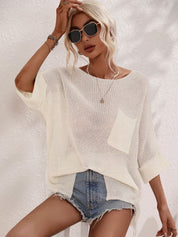 Boat Neck Cuffed Sleeve Slit Tunic Knit Top