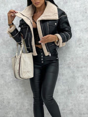 Women's Faux Leather Zipper Cropped Patchwork Jacket
