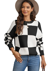 Jersey de punto con cuello redondo y estampado a cuadros chic