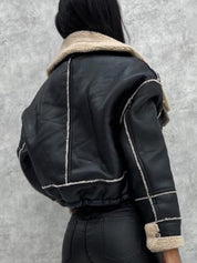 Women's Faux Leather Zipper Cropped Patchwork Jacket