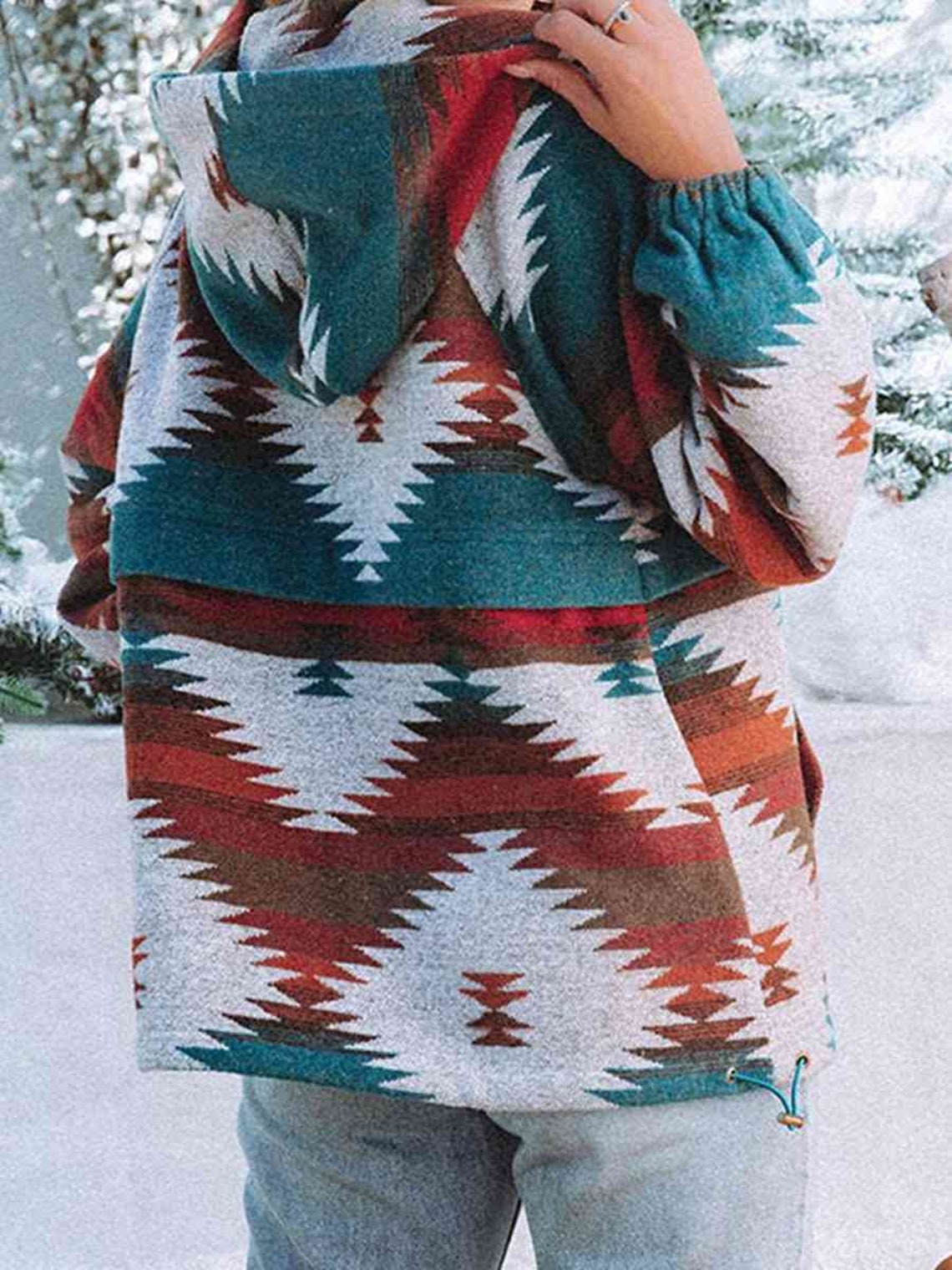 Western Multi-Color Aztec Quarter Zipped Split Neck Hoodie