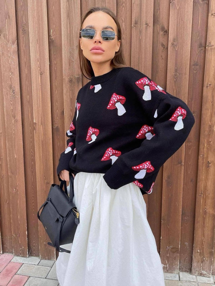 Women's Mushroom Jacquard Pattern Round Neck Sweater