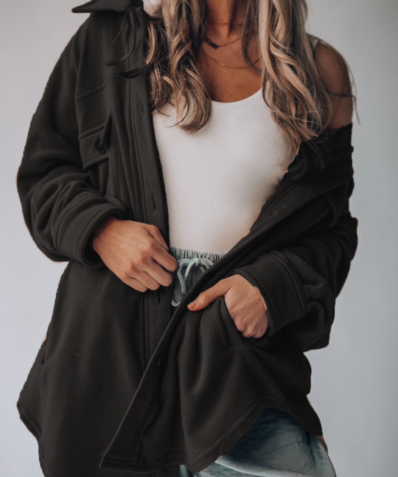 Women's Retro Button Down Plush Baggy Shirt Jacket