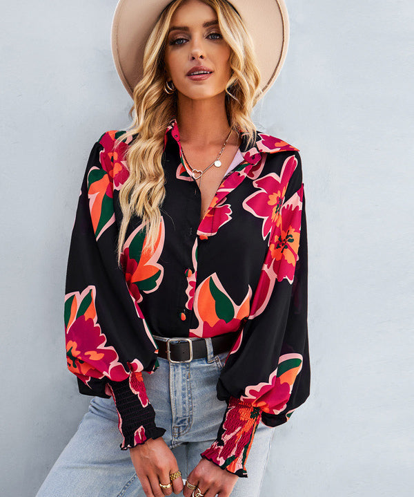 Women's Puff Sleeve Tie Dry  Button-Up Blouse