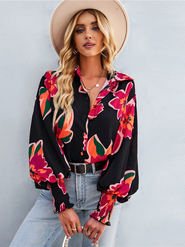 Women's Puff Sleeve Tie Dry  Button-Up Blouse
