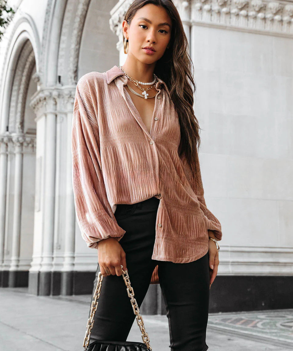 Velvet Ruched Button Up Collared Neck Blouse