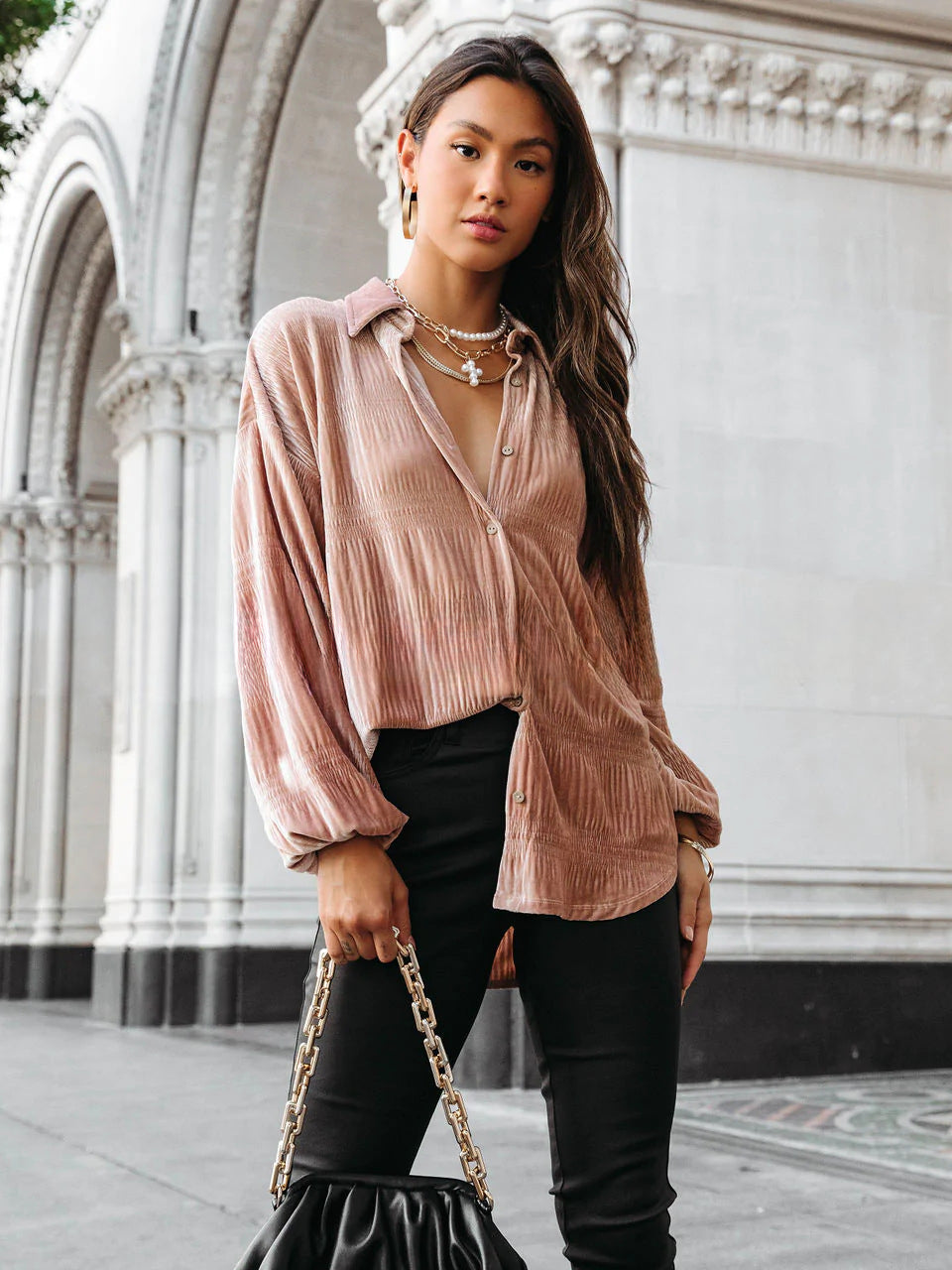 Velvet Ruched Button Up Collared Neck Blouse