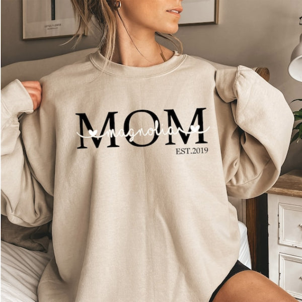 Custom Mom Est Year Sweatshirt with Kids Name Personalized Mother's Day Tee