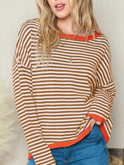 Women's Striped Color Block Knit Crewneck Baggy Sweater