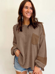 Women's Casual Waffle Patchwork Crewneck Sweatshirt