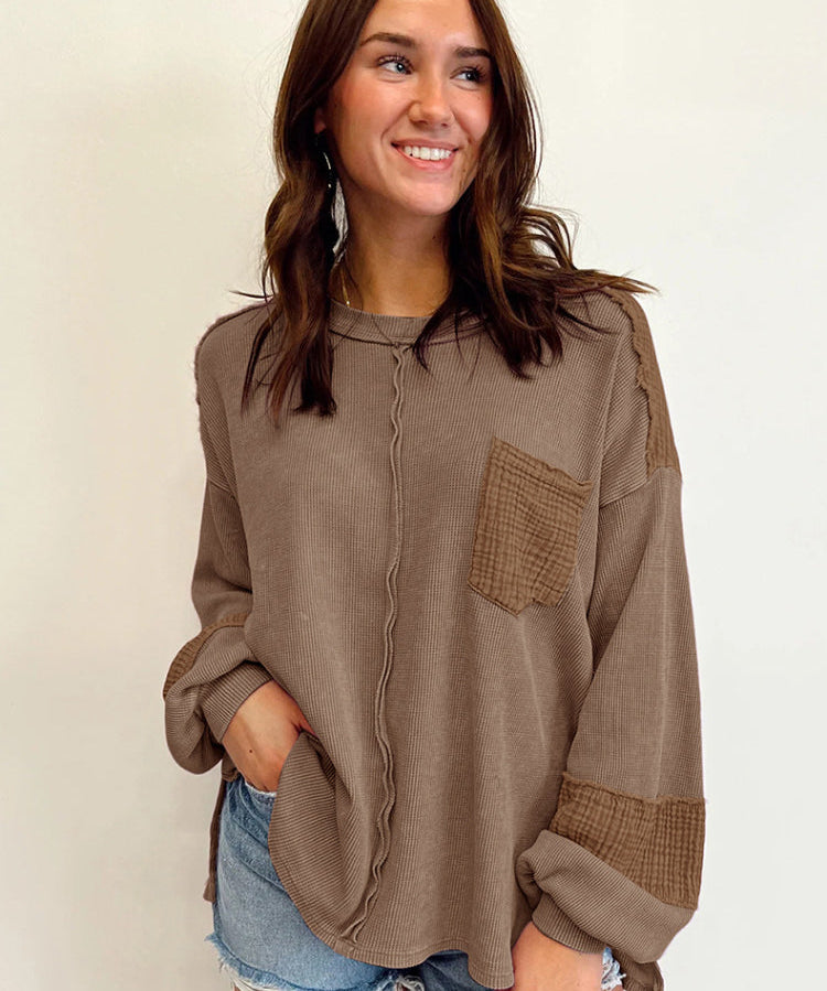 Women's Casual Waffle Patchwork Crewneck Sweatshirt