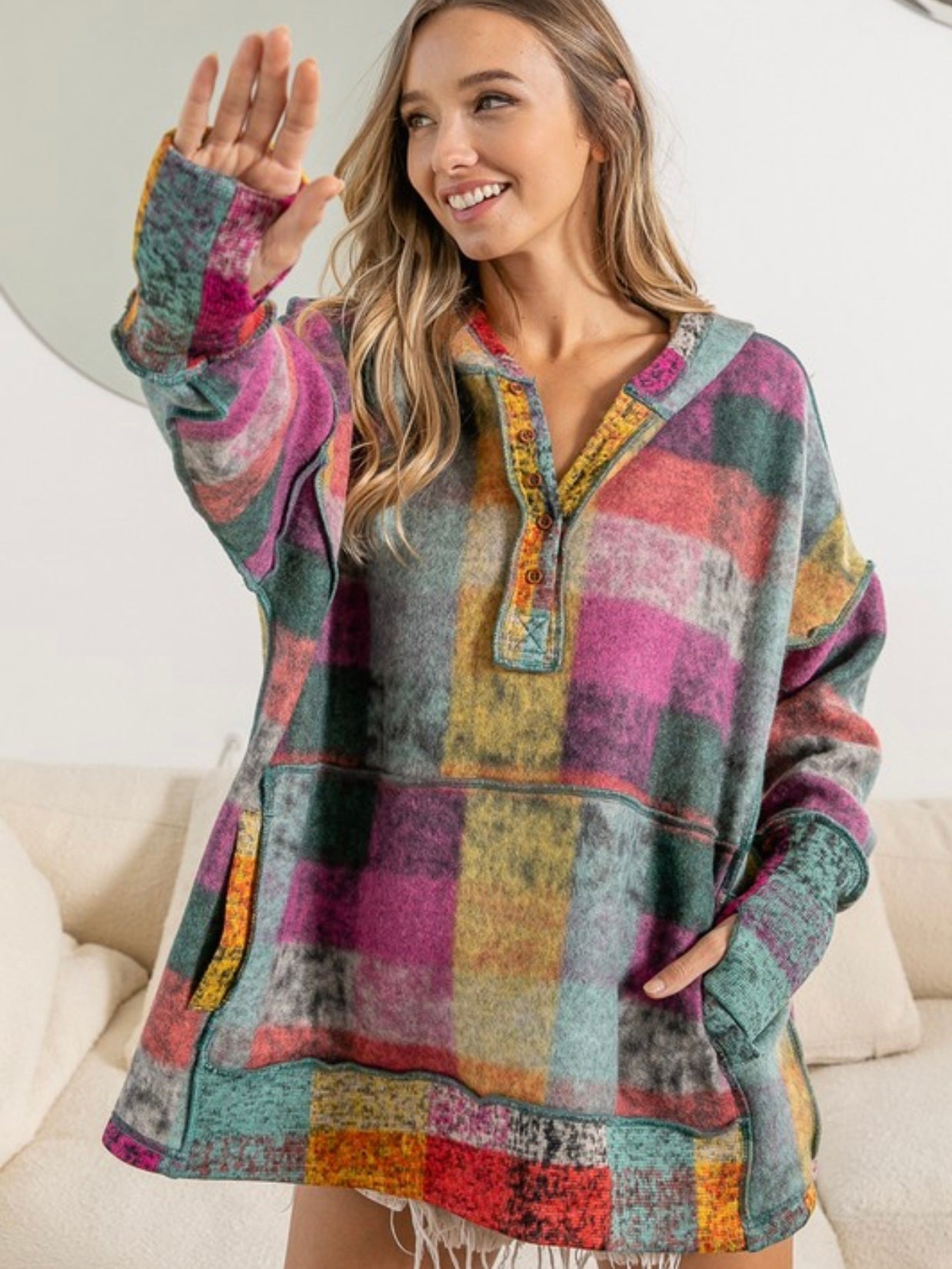 Women's Retro Beth Plaid Reverse Fleece Hoodie
