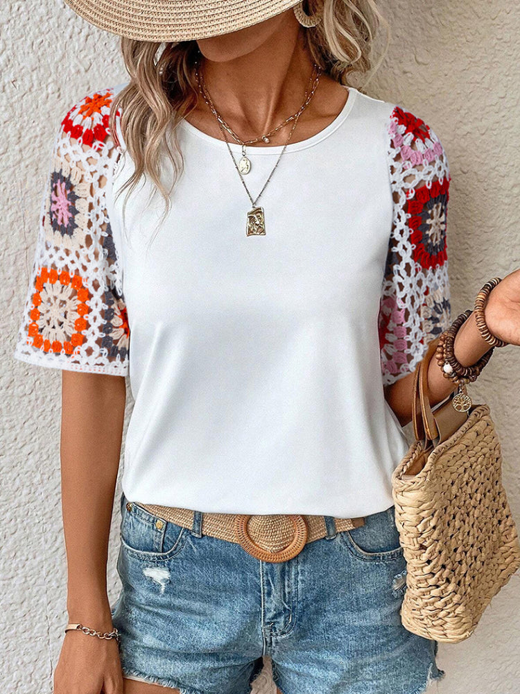 Women's Solid Color Floral Sleeves Shirt