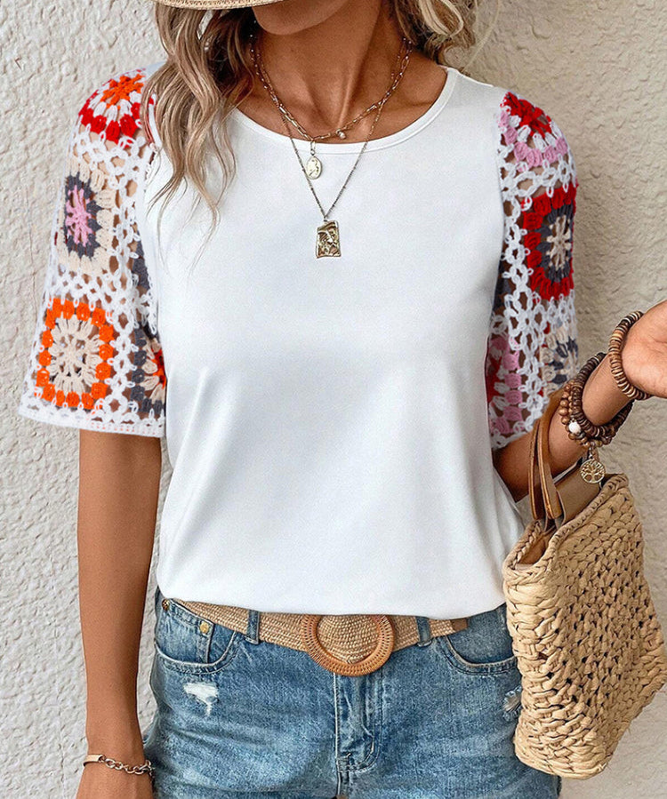 Women's Solid Color Floral Sleeves Shirt