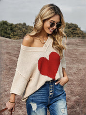 Women's V-Neck Mid Dropped Sleeve Heart Slouchy Sweater