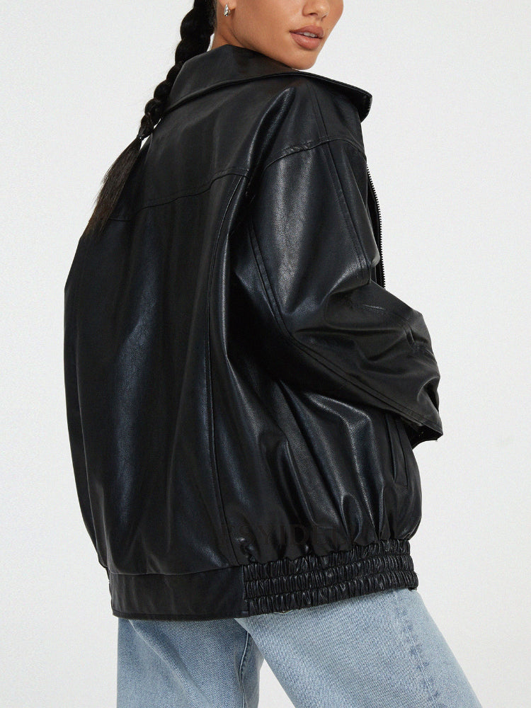 Women's Loose Zip Up Faux Leather Bomber Jacket
