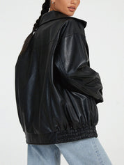 Women's Loose Zip Up Faux Leather Bomber Jacket