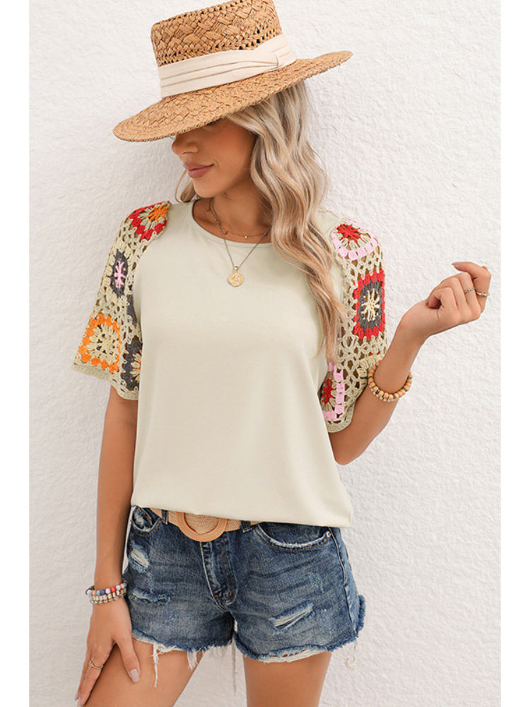 Women's Solid Color Floral Sleeves Shirt