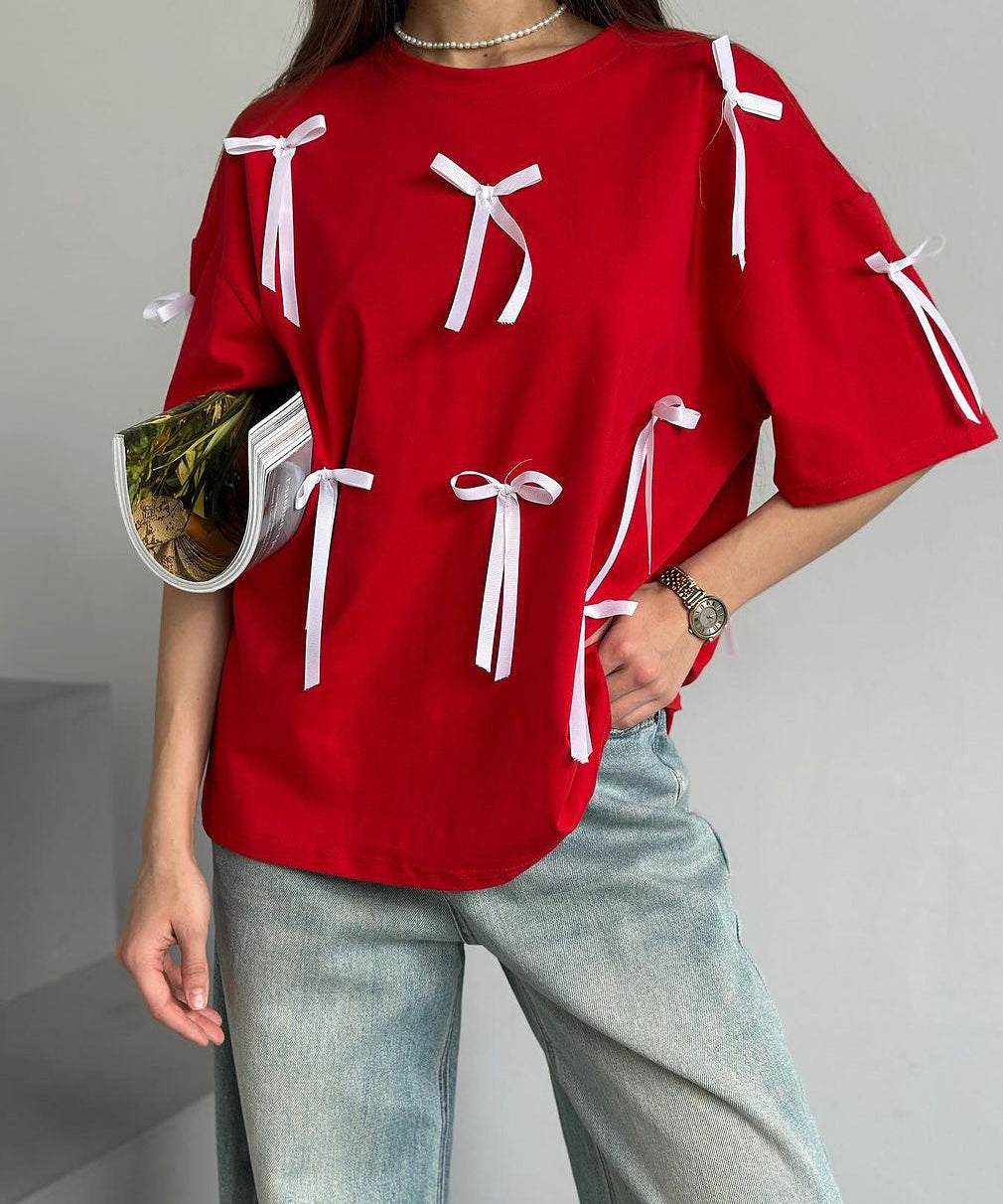 Women's Chic Ribbon Short Sleeve Baggy Shirt