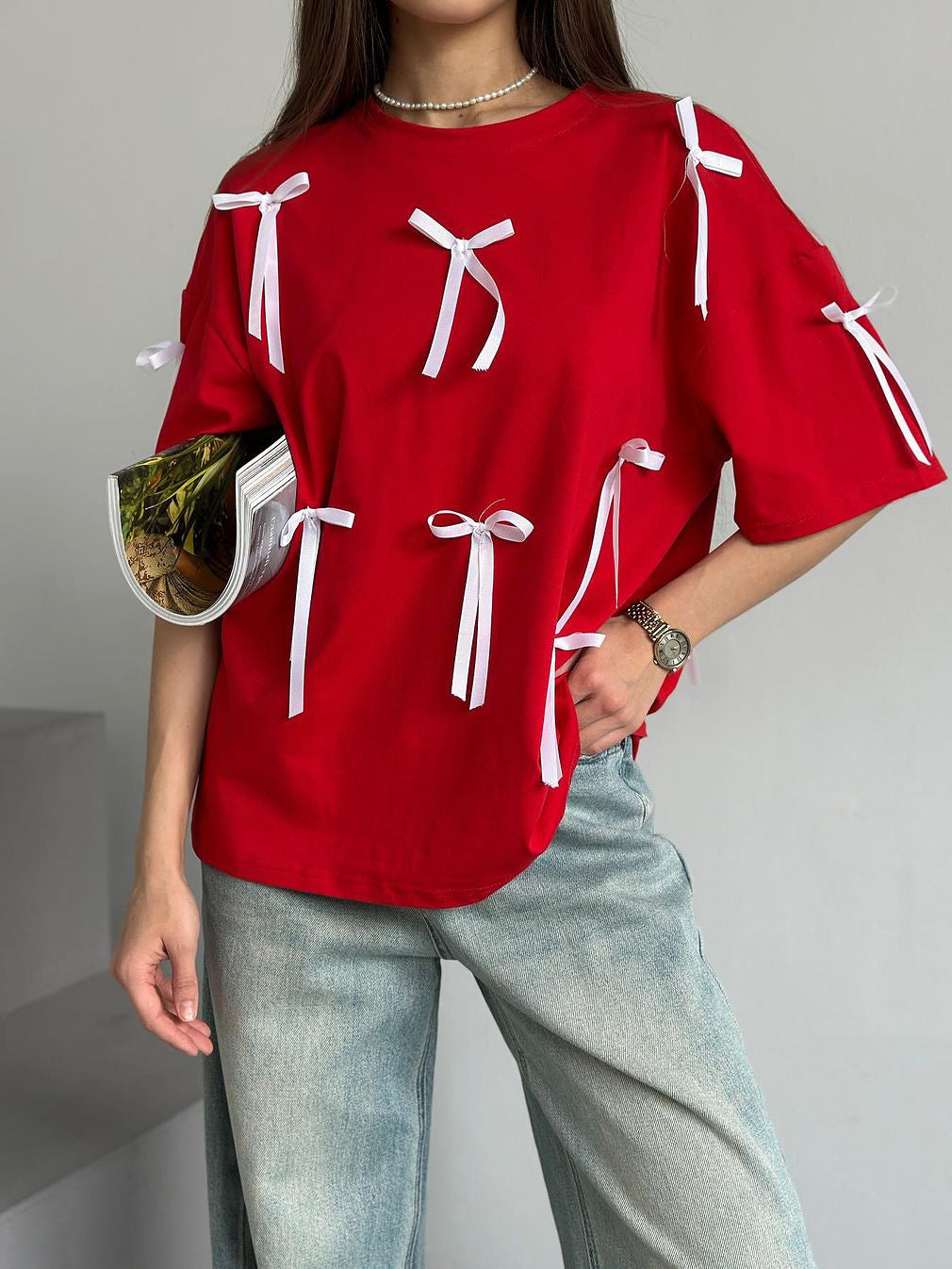 Women's Chic Ribbon Short Sleeve Baggy Shirt