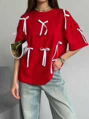 Women's Chic Ribbon Short Sleeve Baggy Shirt