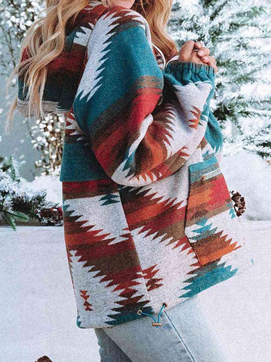 Western Multi-Color Aztec Quarter Zipped Split Neck Hoodie