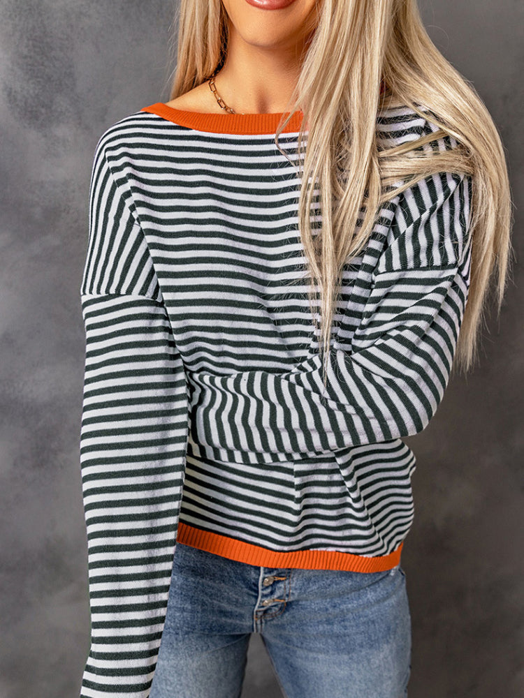 Women's Striped Color Block Knit Crewneck Baggy Sweater