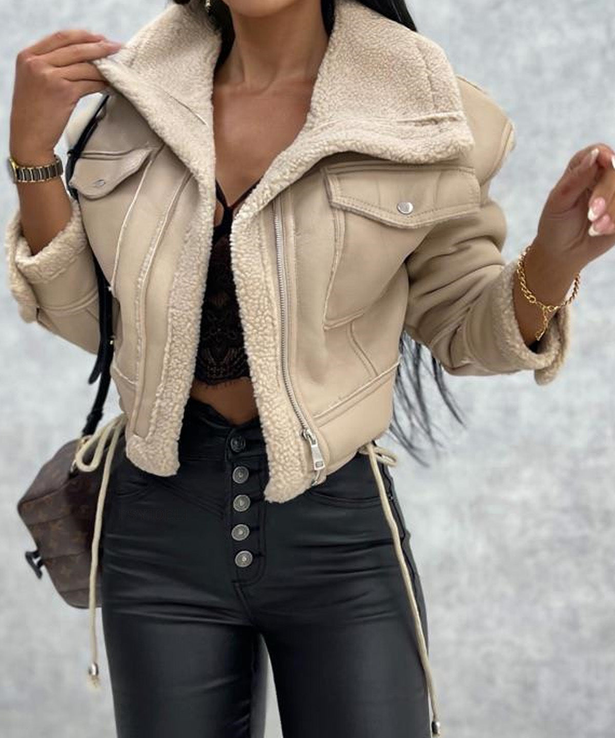 Women's Faux Leather Zipper Cropped Patchwork Jacket