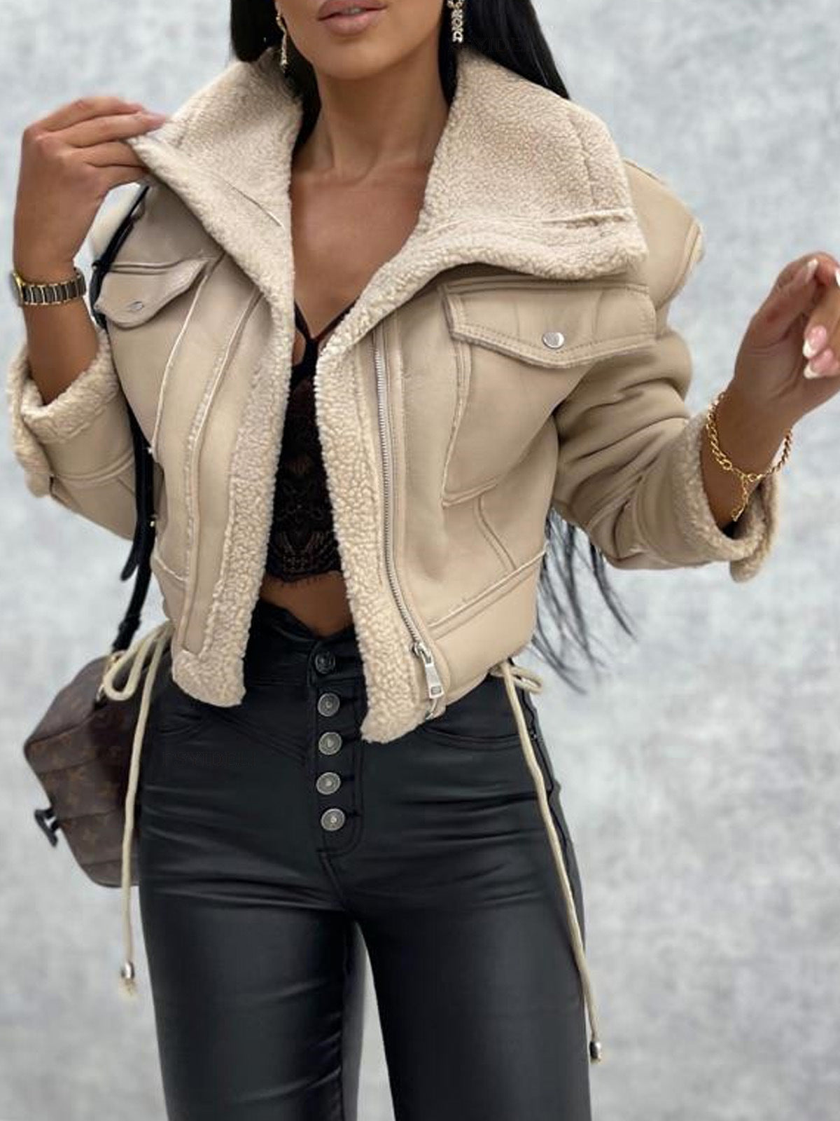 Women's Faux Leather Zipper Cropped Patchwork Jacket