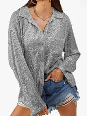 Sparkly Glitter Button-Up Lapel Blouse