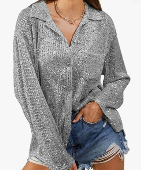 Sparkly Glitter Button-Up Lapel Blouse