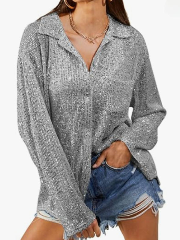 Sparkly Glitter Button-Up Lapel Blouse