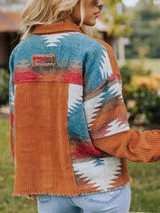 Western Aztec Pattern Snap Down Raw Hem Jacket