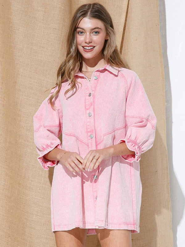 Women's Western Distressed Washed Denim Shirt Dress
