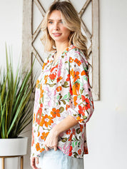 Floral Notched Neck Balloon Sleeve Blouse