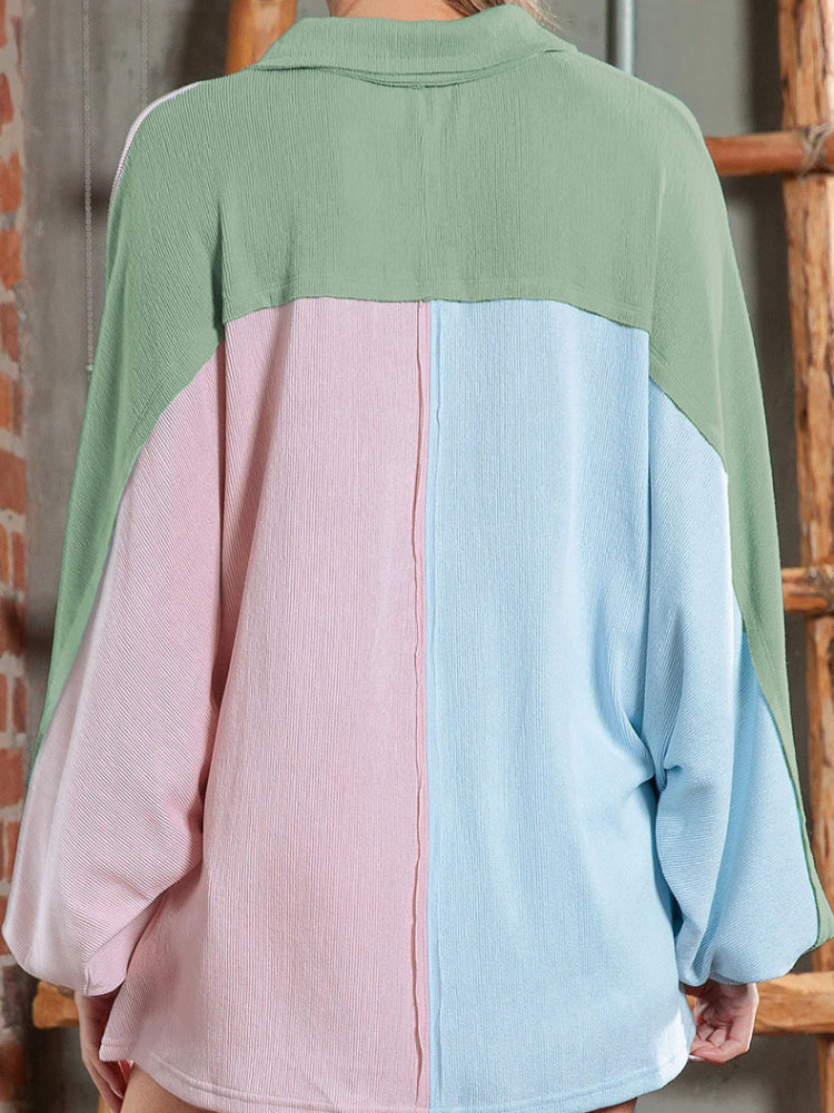 Retro Color-Block Half-Buttoned Long Sleeve Blouse