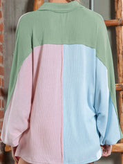 Retro Color-Block Half-Buttoned Long Sleeve Blouse