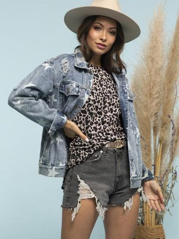 Distressed Blue Western Cowgirl Star Print Denim Jacket