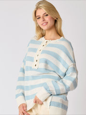 Women's Retro Half-Button Up Striped Knit Baggy Sweater